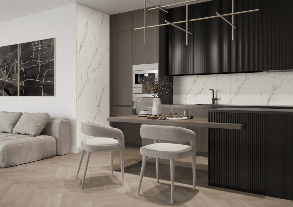 Moderan interijer sa mineralnom zidnom oblogom u imitaciji kamena Pietra Santa White